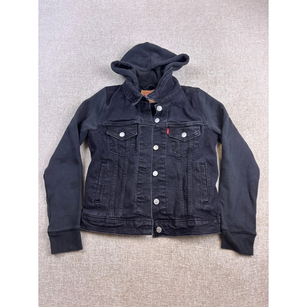 Levis Womens Black Denim Hybrid Hooded Trucker Jacket XS Mixed Media